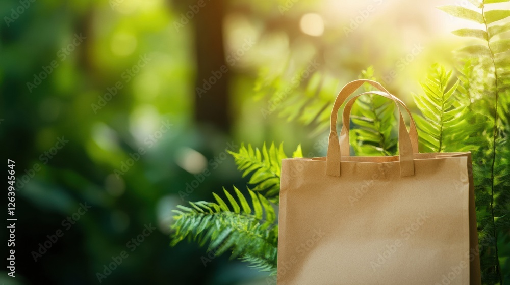 Poster eco friendly paper bag surrounded by vibrant green plants in a serene natural setting during dayligh