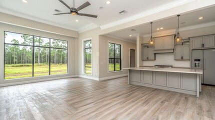 Modern kitchen, living room, Florida home, wood floors, forest view, real estate listing