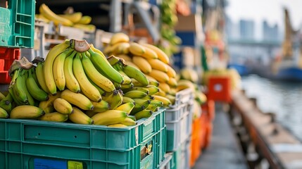 Banana shipment at harbor, sunset view. Food import