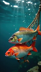 Fototapeta premium Fishing net with colorful fish, fishing, sea, fish