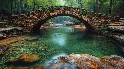 Serene stone bridge arching over a clear stream surrounded by lush greenery in a tranquil forest