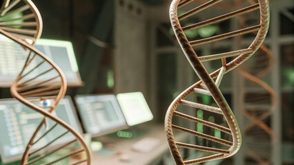 Multiple layers of holographic DNA sequences and gene expressions rotate in midair surrounded by various hightech laboratory instruments and monitors emitting soft glows.