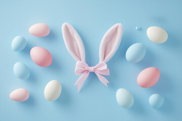 Pastel Easter Eggs and Bunny Ears with Pink Bow on Light Blue Background Festive Spring Holiday Image