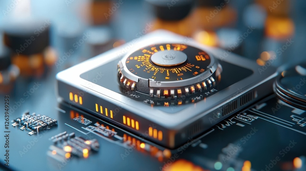 Poster closeup view of a sleek and modern solar power inverter device with a digital display showcasing cut