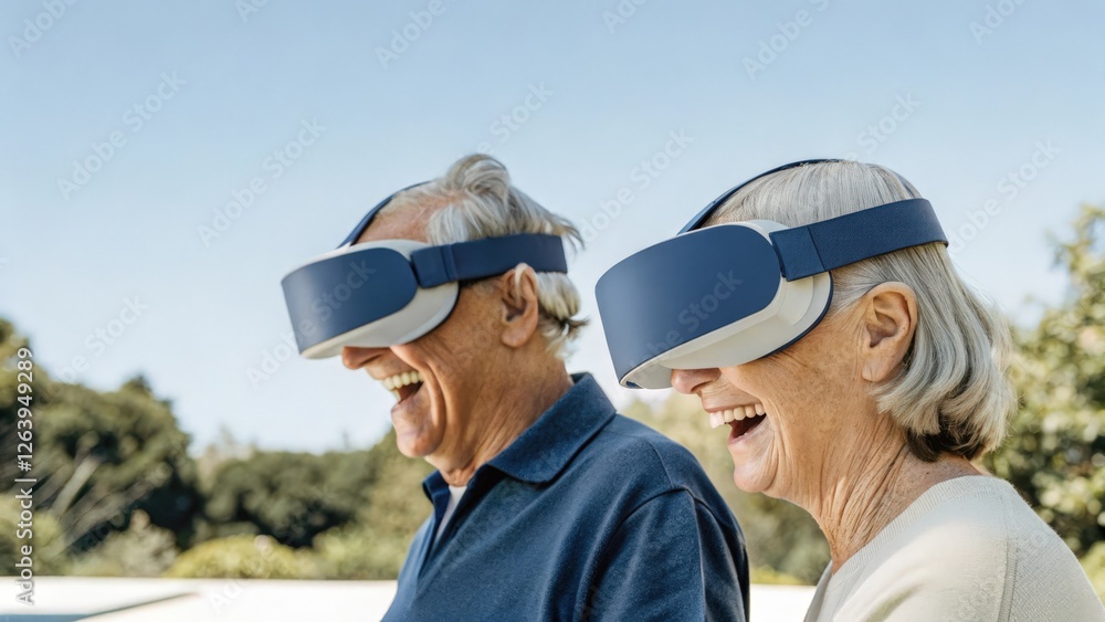 Poster a closeup of an elderly couple smiling and laughing together while participating in a virtual tai ch