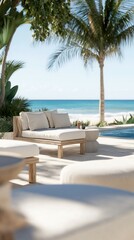 Beachfront lounge chairs, pool, ocean view. Relaxation