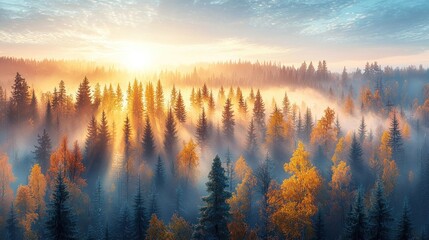 Fototapeta premium Sunbeams Illuminate Misty Autumn Forest