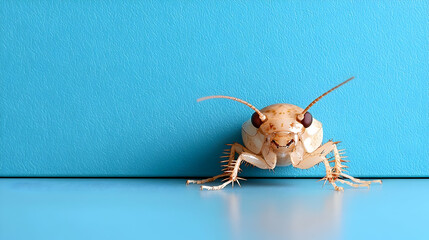 Beige cockroach on blue wall, pest control
