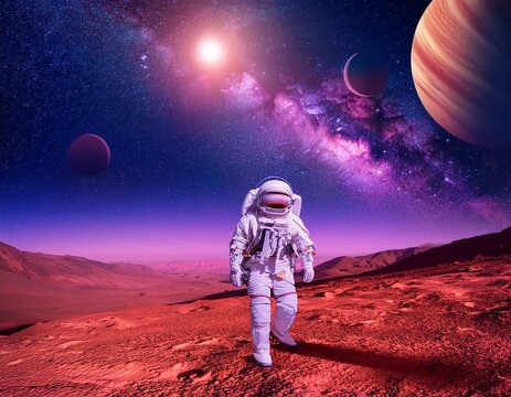Un astronaute en combinaison spatiale marchant sur une exoplan&egrave;te rouge&acirc;tre, sous un ciel violet rempli de plan&egrave;tes et d&rsquo;&eacute;toiles scintillantes
