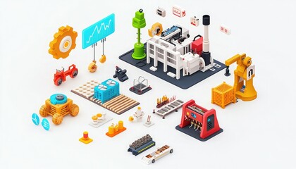 Obraz premium A colorful arrangement of miniature factory components and vehicles, depicting a playful representation of industrial design and manufacturing processes.