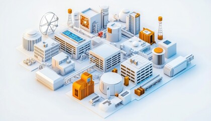 Obraz premium A vibrant, stylized industrial complex featuring various buildings, energy sources, and communication towers, set against a clean, minimalist background.