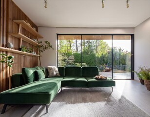 salon avec grand canapé vert, moderne et cosy, lieu de détente dans la maison en ia et grand baie vitrée