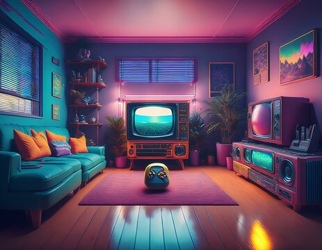 Une chambre des ann&eacute;es 90 remplie de posters r&eacute;tro, une t&eacute;l&eacute;vision &agrave; tube cathodique affichant un jeu vid&eacute;o pixelis&eacute; et une ambiance lumineuse tamis&eacute;e rappelant l&rsquo;&eacute;poque des cassettes VHS