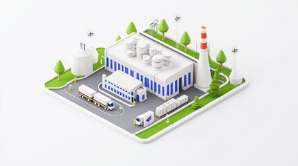 Obraz premium A stylized industrial facility with storage tanks, a smokestack, trucks, and greenery, representing modern manufacturing or energy production.