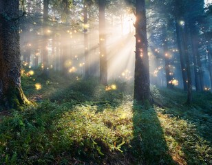 Obraz premium belle forêt, sous bois avec rayon de soleil, conte de fée en ia