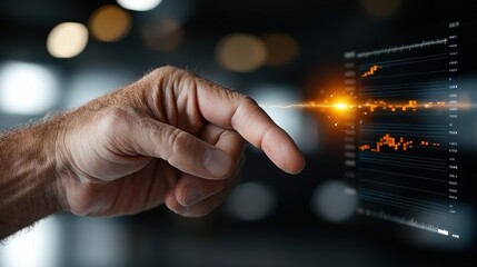 Human hand interacting with a virtual display showcasing financial data market insights and analytics for making informed investment and trading decisions in the future digital economy