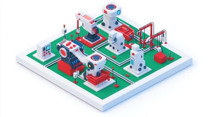Fototapeta premium A colorful, isometric illustration of a robotic assembly line featuring various machinery and components on a green base.