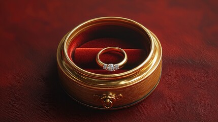 Elegant gold ring with three sparkling diamonds displayed in a luxurious red velvet box