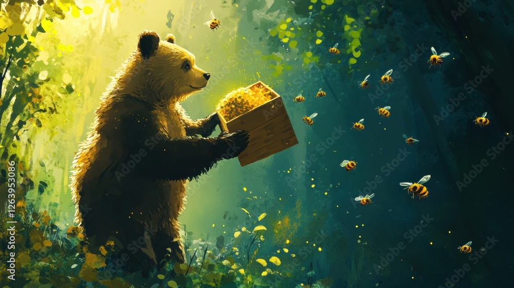 Poster Panda collecting honey from a beehive in a vibrant forest filled with sunlight and buzzing bees. Generative AI