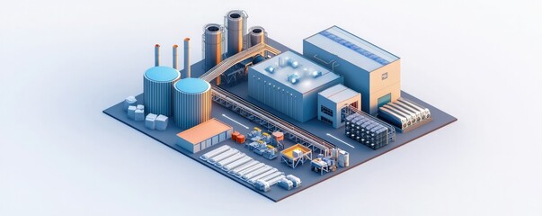 Obraz premium A detailed industrial facility illustrated in isometric view, featuring silos, factories, and transportation systems.