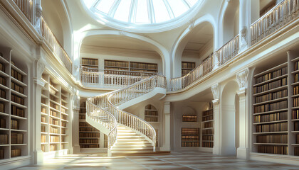 A grand library interior featuring a stunning staircase and towering bookshelves bathed in soft natural light.