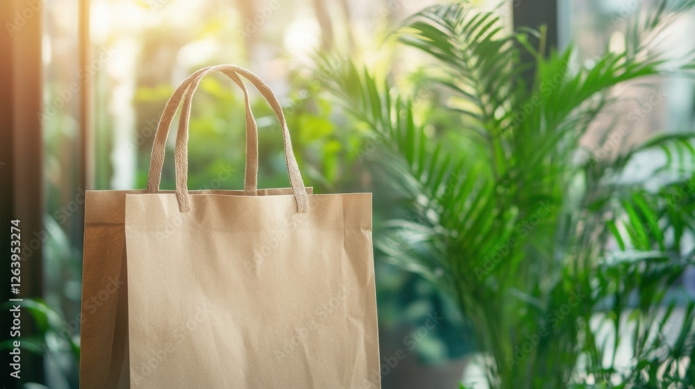 Poster eco friendly paper bag displayed with greenery in a natural setting for sustainable shopping and pro