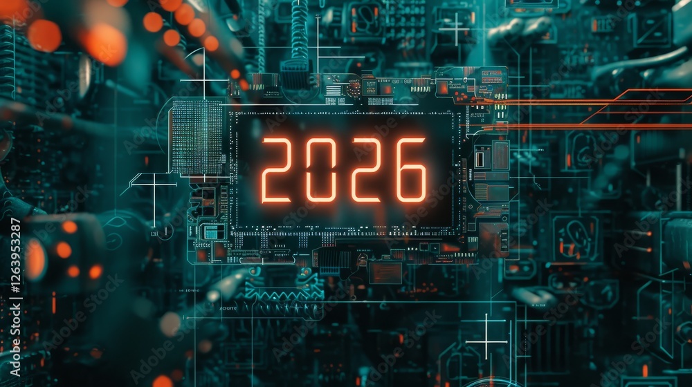 Poster high-tech design featuring a futuristic circuit board with a glowing green 2026 digital display, evo