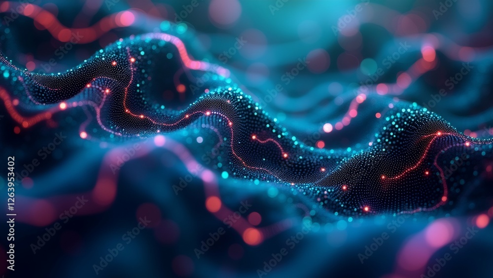 Poster abstract digital art piece appears small dots lines create wave like pattern dots arranged way creat