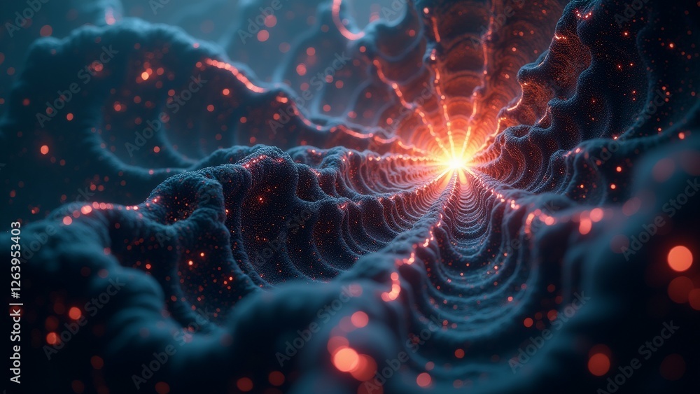 Poster abstract digital art piece appears rendering wave like structure wave multiple layers dark blue red 
