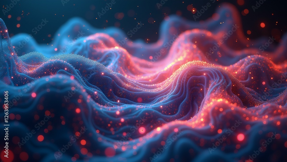 Poster abstract digital art piece appears wavy lines dots lines different shades blue pink creating wave li