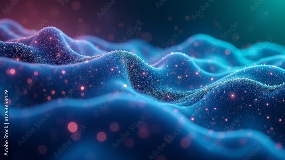 Poster abstract digital art piece appears wavy lines dots lines different shades blue pink creating wave li