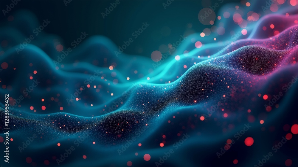 Poster abstract digital art piece appears wavy lines dots lines different shades blue pink creating wave li