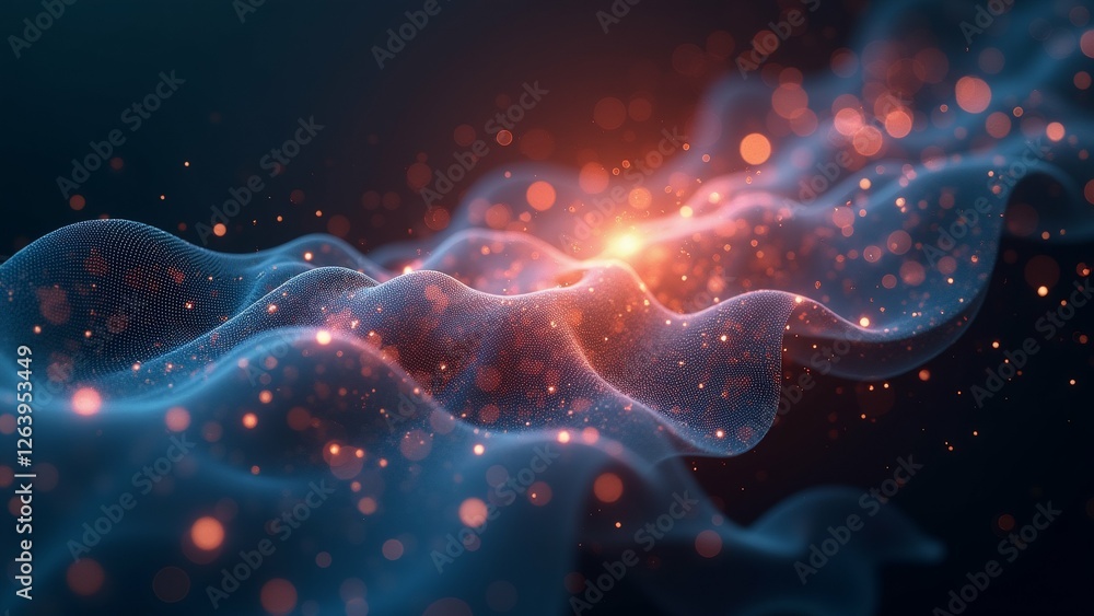 Poster abstract digital art piece dark blue background background filled small orange dots scattered across