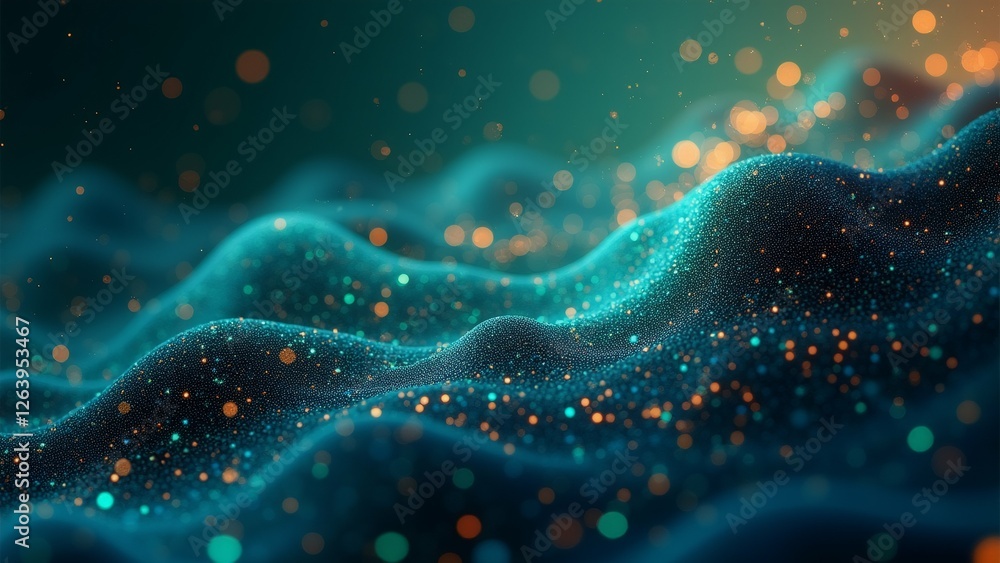 Poster abstract digital art piece dark blue background background filled small orange yellow dots scattered