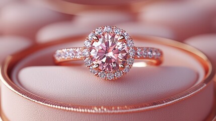 Elegant pink engagement ring displayed on a soft pink cushion, highlighting its intricate design and sparkle