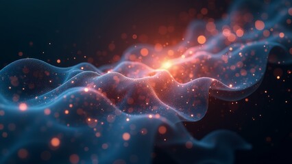 abstract digital art piece dark blue background background filled small orange dots scattered across creating bokeh effect center wave like shape appears thin wavy lines lines gradient blue orange