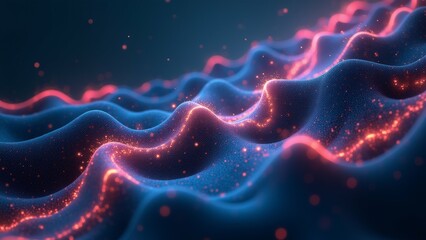 Obraz premium abstract digital art piece dark blue background background filled wavy lines form wave like pattern lines small red dots scattered across creating glowing effect dots arranged way creates sense depth