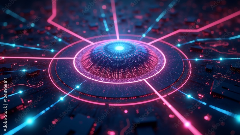 Poster digital illustration futuristic cityscape circular structure center structure series interconnected 