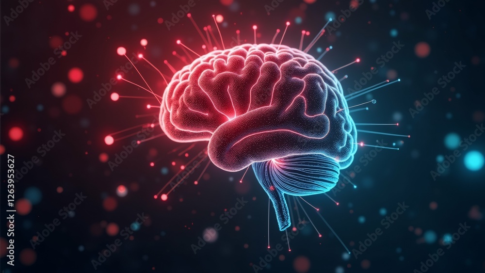 Poster digital illustration human brain brain center surrounded dark blue background small red dots scatter