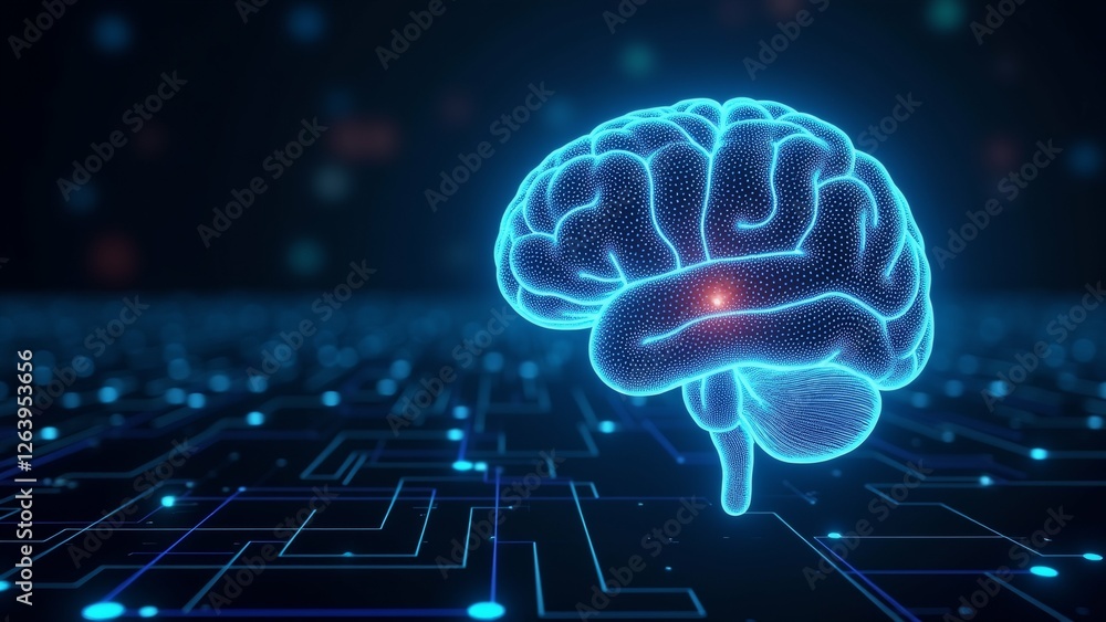 Poster digital illustration human brain brain center series interconnected lines dots lines blue dots red c