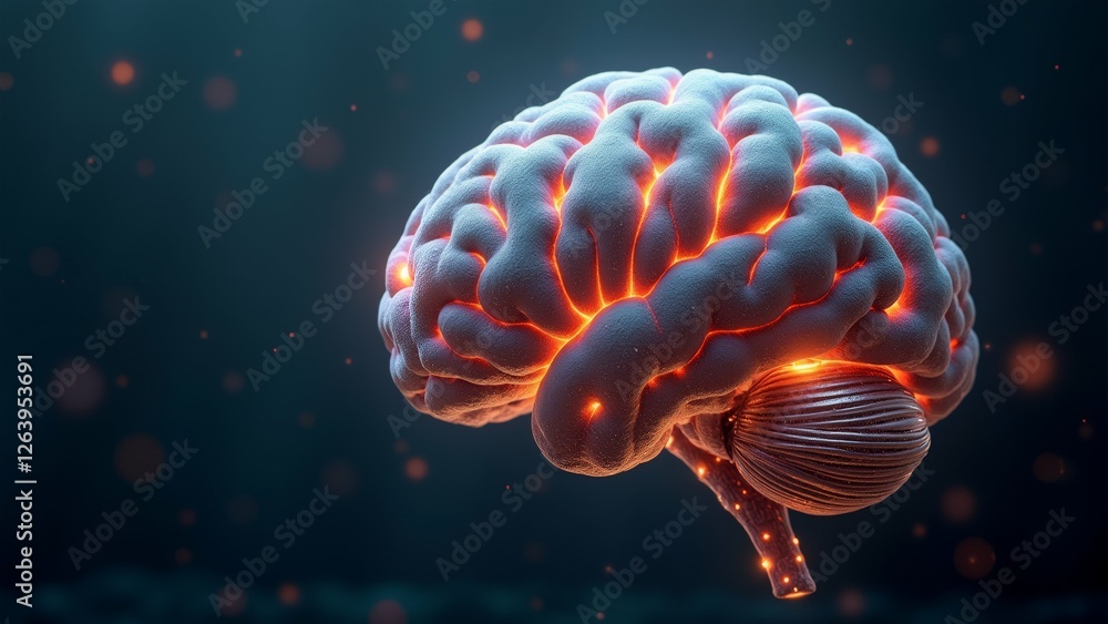 Poster rendering human brain brain center surrounded dark blue background small red dots scattered througho