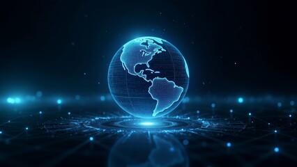 digital illustration globe center dark blue background globe shape earth continents oceans clearly visible continents outlined white while oceans shades blue background filled small white dots lines