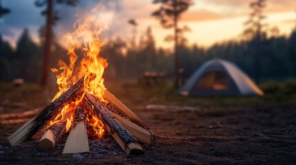Campfire glows at sunset, tent nearby, forest background; leisure activity
