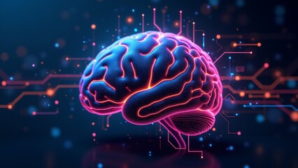 digital illustration human brain pink blue colors brain center surrounded dark blue background circuit board like pattern circuit board lines dots various colors including red orange yellow lines