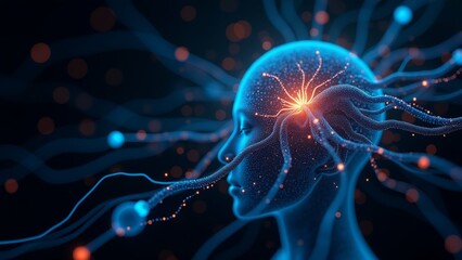 digital illustration human head neck blue orange color scheme head center neck upper body facing towards side neck covered network lines dots representing connections between brain spinal cord lines