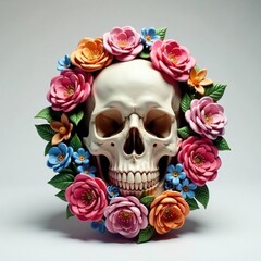 Floral wreath wrapped around a human skull sculpture , floral, sculpture, wreath