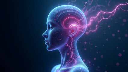 digital illustration human head neck head profile side facing towards right side background dark blue small pink dots scattered throughout center head pink lightning bolt striking down top right