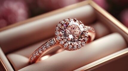 Elegant rose gold engagement ring with a sparkling diamond in a luxurious velvet box surrounded by flowers