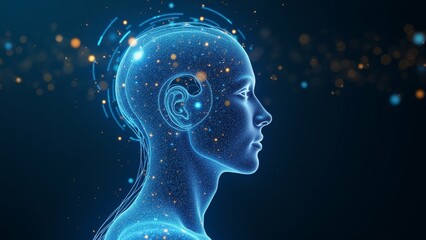 Obraz premium digital illustration human head neck head shown side side facing towards right side background dark blue small orange yellow dots scattered throughout creating bokeh effect dots connected lines dots