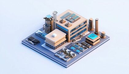 Obraz premium A detailed, modern industrial facility featuring solar panels, pools, and various structures, showcasing advanced architectural design.